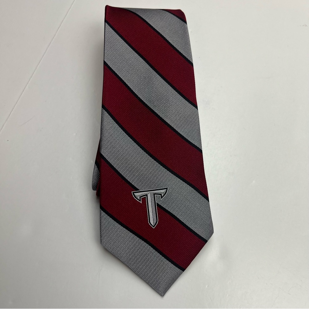 Troy University Burgundy Gray Stripe 100% Silk Neck Tie Office Work Preppy NEW - Picture 10 of 10
